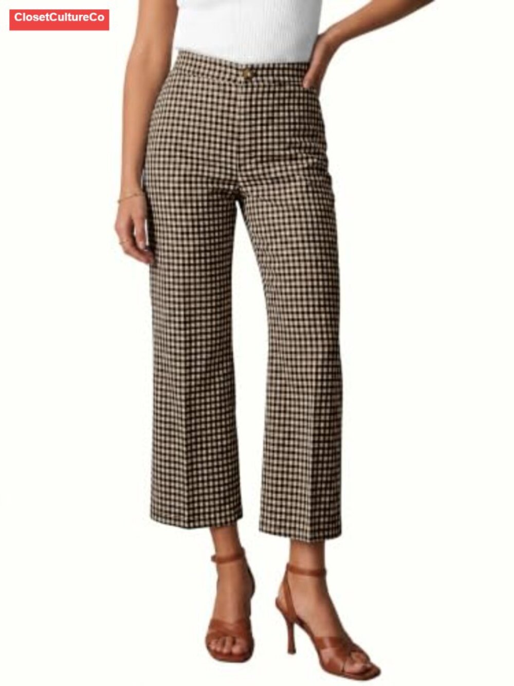 High Waisted Gingham Cropped Trousers Wide Leg Pants with Pockets
